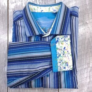 Robert Graham Button Down Shirt Mens 1XLT Blue Striped Long Sleeve Camel Caravan